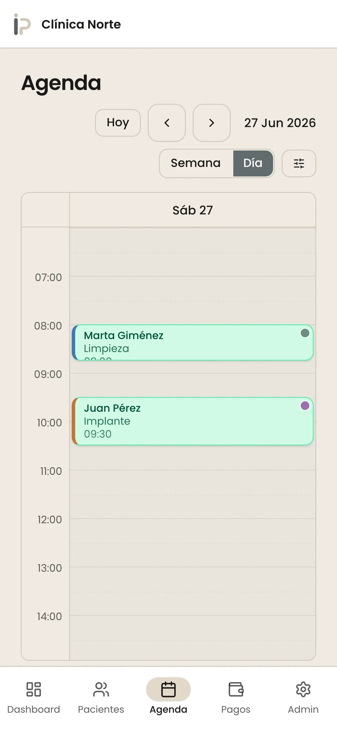Agenda — vista día, en el celular