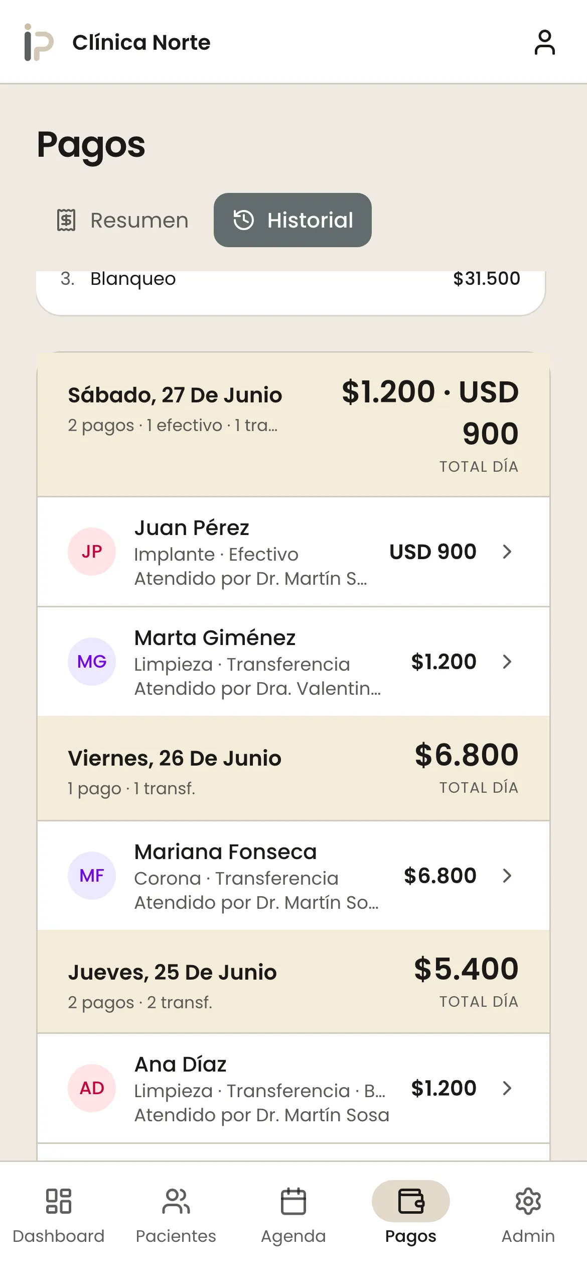 Pagos — historial, en el celular